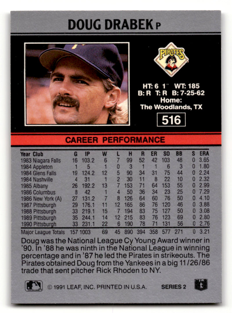 Pittsburgh Pirates baseball card featuring Doug Drabek’s statistics and mustache