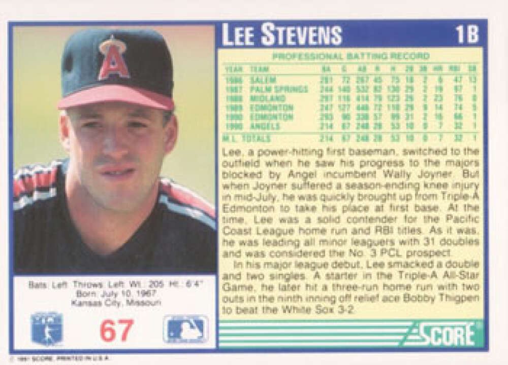 California Angels Lee Stevens baseball card from Score, featuring player in cap and jersey