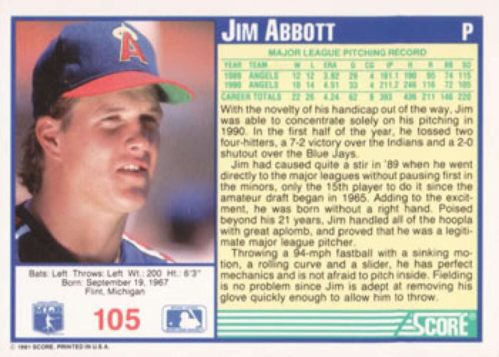 Jim Abbott California Angels baseball card from 1991 Score #105, NM-MT condition