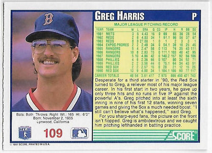 Boston Red Sox Baseball Card of Greg Harris in glasses and a blue cap