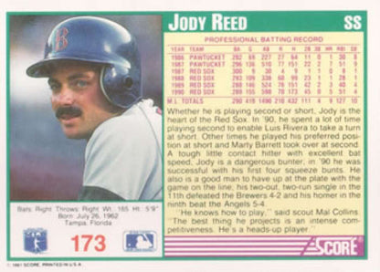 Baseball card featuring Jody Reed of the Boston Red Sox in a blue batting helmet