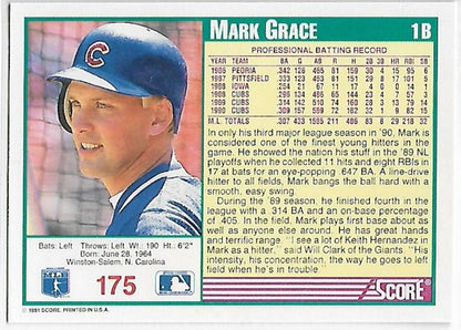 Mark Grace Chicago Cubs baseball card from the 1991 Score series with blue cap