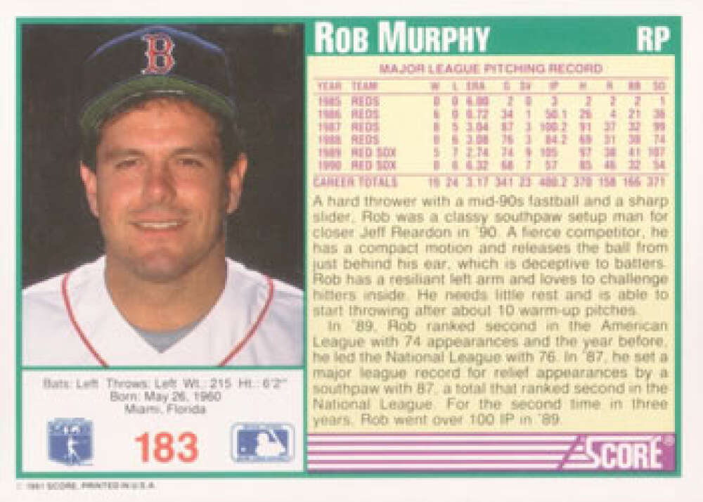 Boston Red Sox 1991 Score #183 Rob Murphy Baseball Card in NM-MT condition