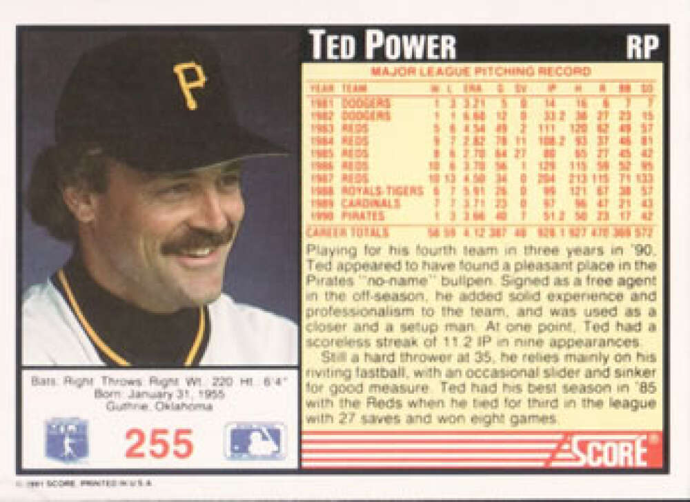 Baseball card of Ted Power with Pittsburgh Pirates logo cap in black and gold