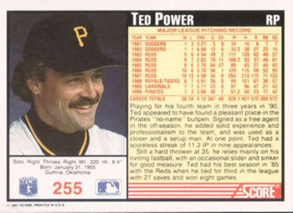 Baseball card of Ted Power with Pittsburgh Pirates logo cap in black and gold