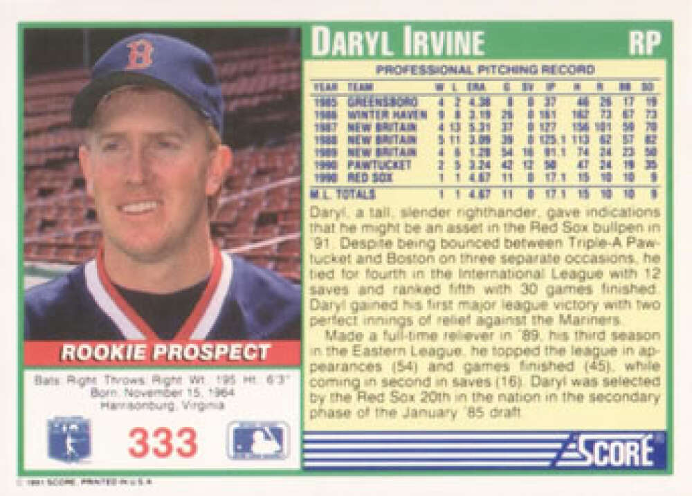 Boston Red Sox Daryl Irvine 1991 Score Rookie Baseball Card in mint condition