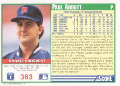 1991 Score Paul Abbott NM-MT RC Rookie Minnesota Twins Baseball Card with dark cap