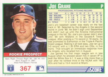 Joe Grahe California Angels baseball card from 1991 Score #367 NM-MT RC