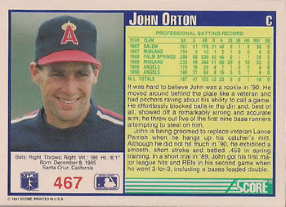 1991 Score California Angels Baseball Card of John Orton in navy cap with red A logo