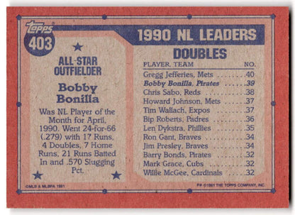 1990 Topps Baseball Card featuring NL Leaders in Doubles with Bobby Bonilla, Pittsburgh Pirates