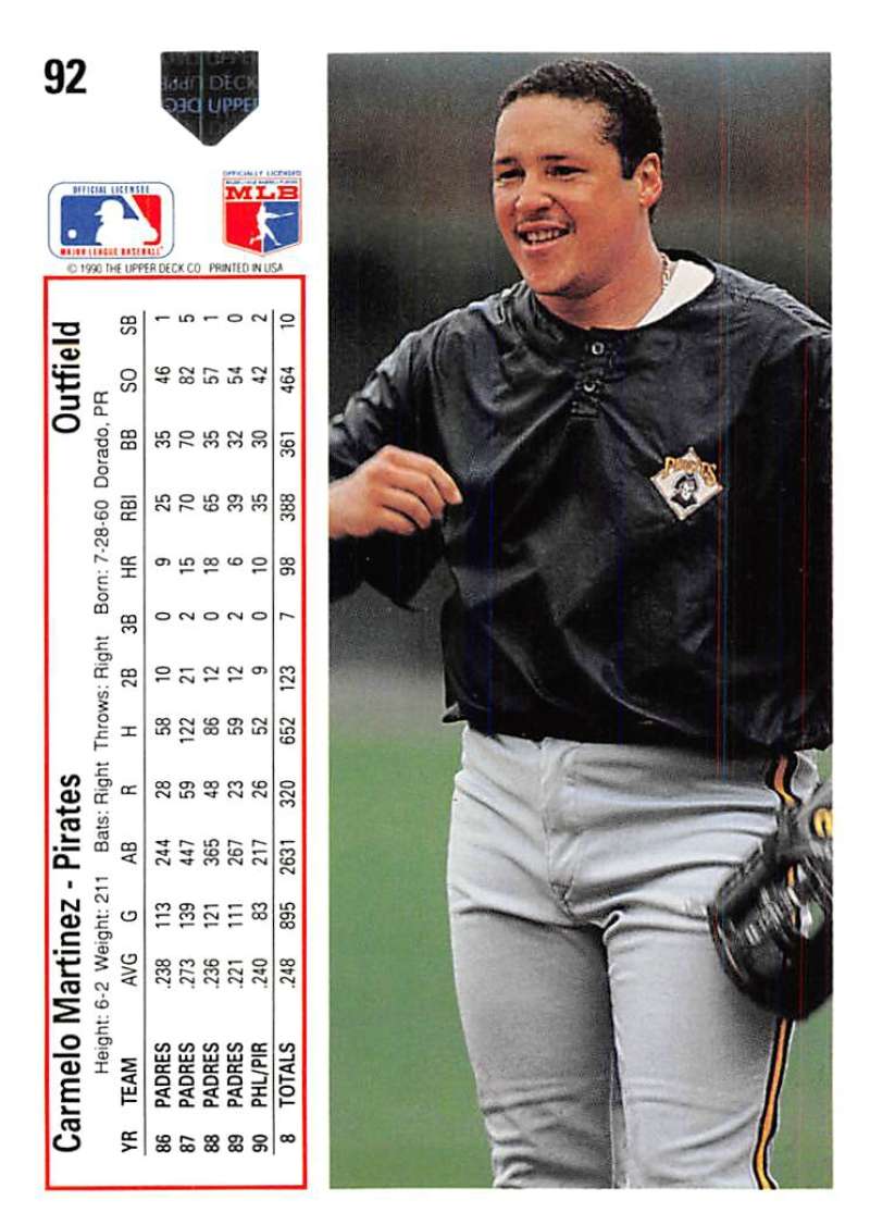 Carmelo Martinez smiles on the field in his Pittsburgh Pirates uniform, baseball card