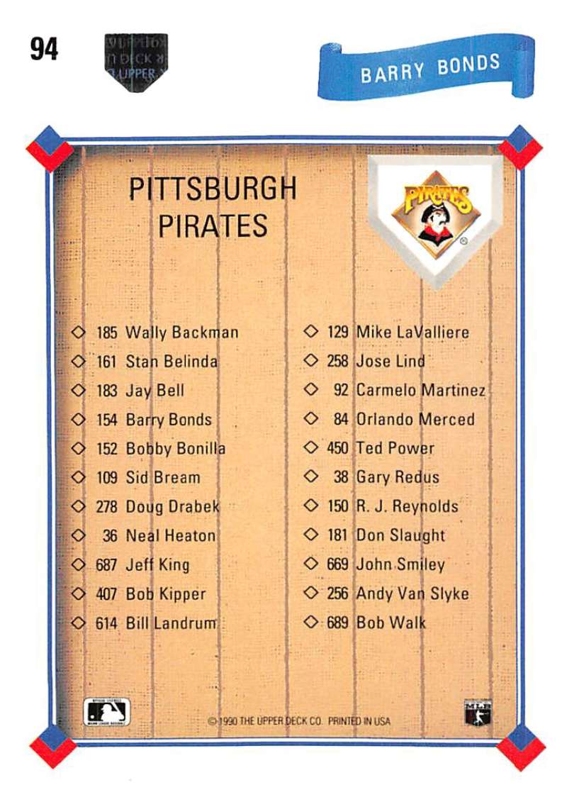 Pittsburgh Pirates 1994 roster baseball card featuring Barry Bonds from Upper Deck