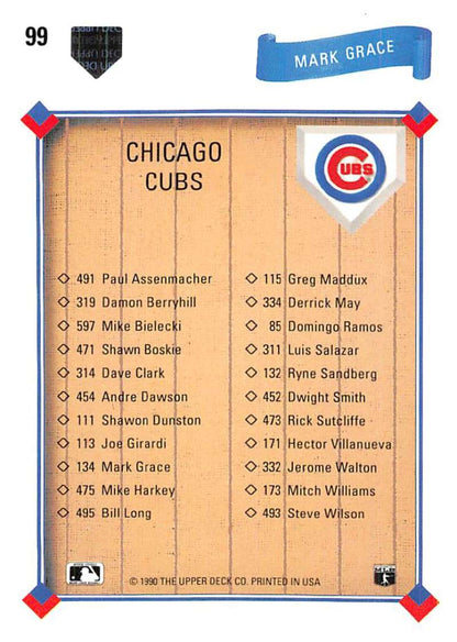 Baseball card featuring Mark Grace and Chicago Cubs team roster from Upper Deck