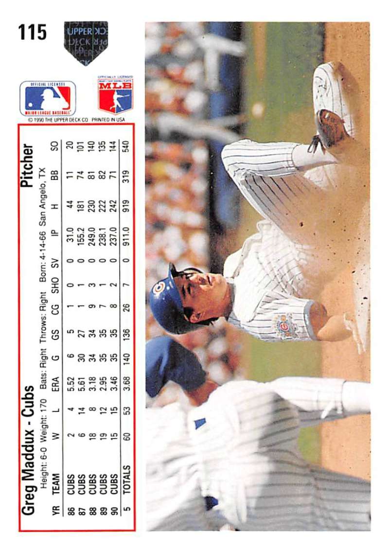 Greg Maddux sliding into base in a Chicago Cubs Baseball Card from 1991 Upper Deck