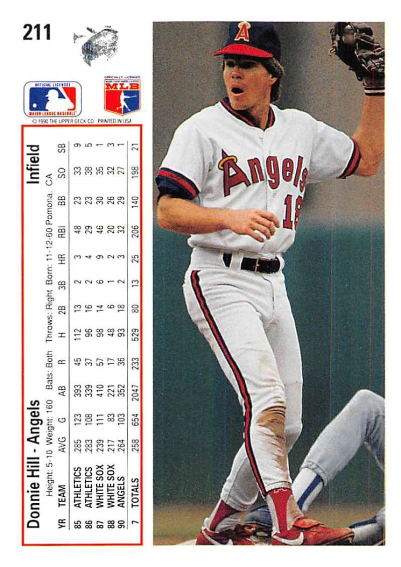 Baseball card of Donnie Hill in California Angels white home uniform with red trim