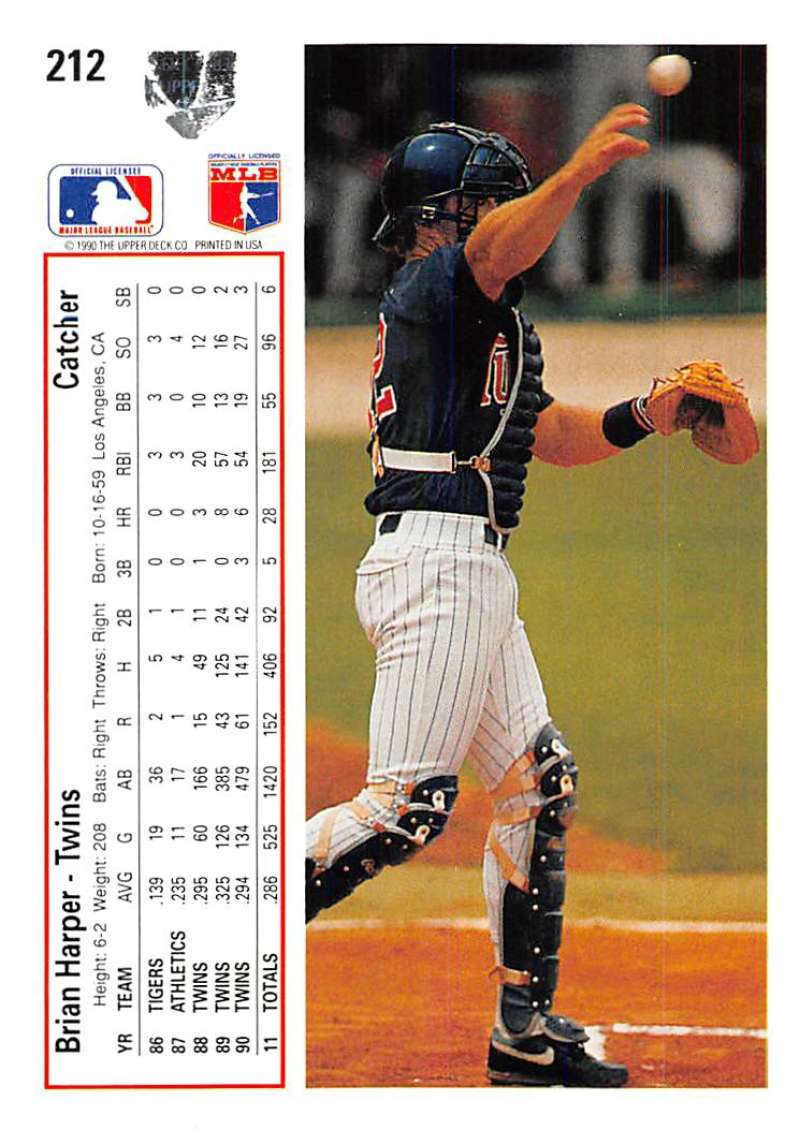 Baseball catcher Brian Harper in pinstriped uniform catching a ball for Minnesota Twins