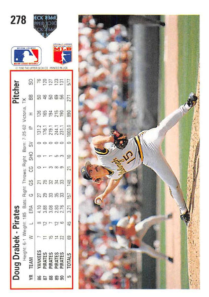 Baseball card of Doug Drabek in white Oakland Athletics uniform mid-delivery