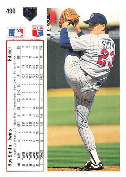 Baseball card of Roy Smith pitching, 1991 Upper Deck #490 Minnesota Twins