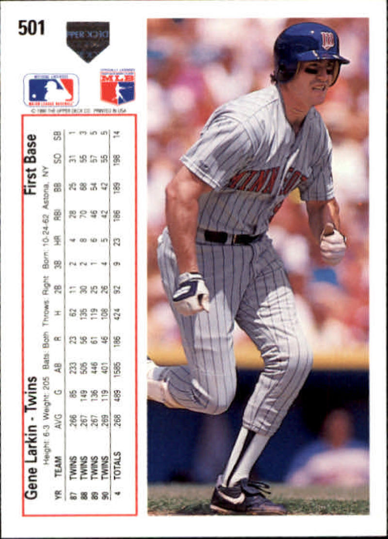 Gene Larkin in pinstripe uniform at bat on 1991 Upper Deck baseball card