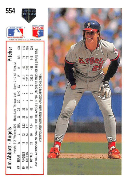 Jim Abbott in California Angels uniform batting stance on 1991 Upper Deck baseball card