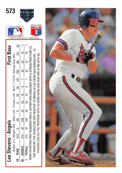 Lee Stevens batting in white uniform with red stripes on 1991 Upper Deck baseball card