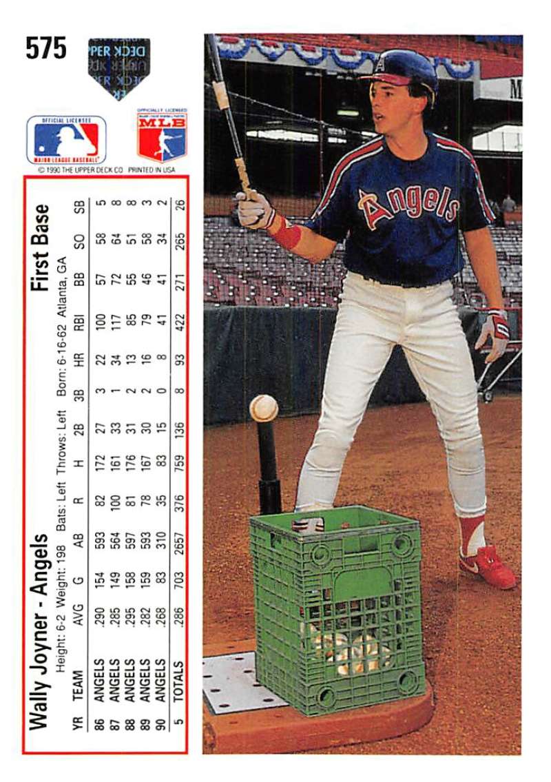 Wally Joyner in California Angels uniform next to green equipment crate for baseball card