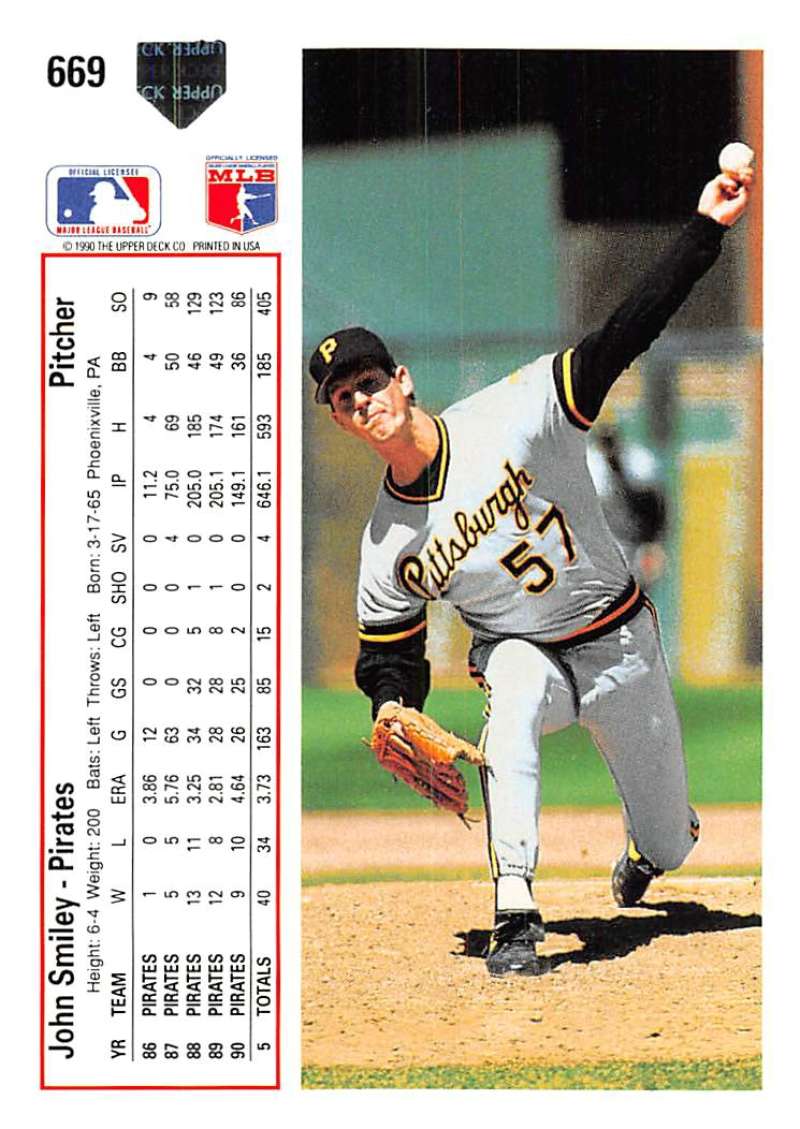 John Smiley mid-delivery on 1991 Upper Deck #669 Pittsburgh Pirates Baseball Card