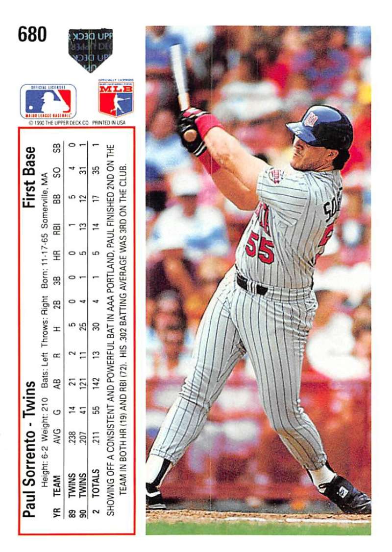 Paul Sorrento at bat in pinstriped uniform on 1991 Upper Deck Minnesota Twins card