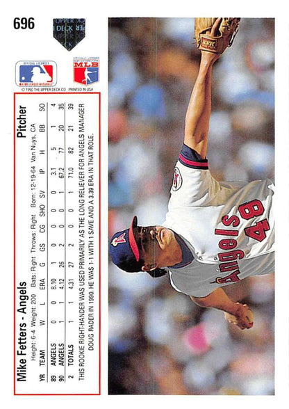 Baseball card of Mike Fetters pitching for California Angels in mid-delivery action