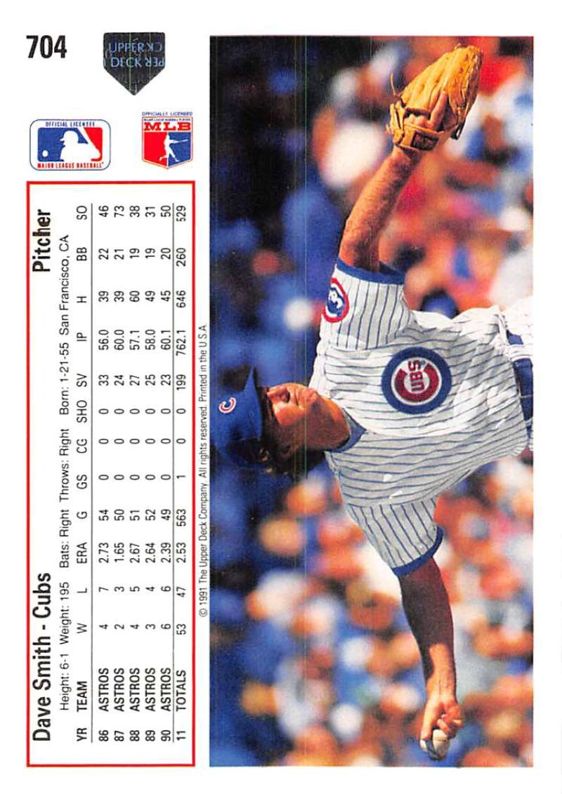 Dave Smith in mid-delivery on 1991 Upper Deck baseball card for Chicago Cubs