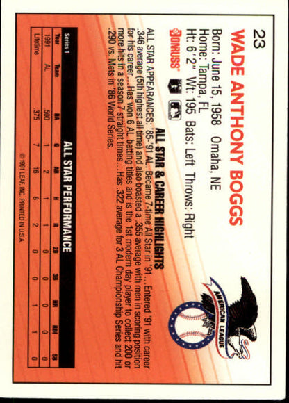 Back of 1992 Donruss Wade Boggs AS Baseball Card with stats in orange for Boston Red Sox