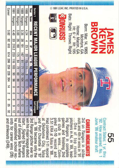 1992 Donruss #55 Kevin Brown card featuring Texas Rangers player in NM-MT condition