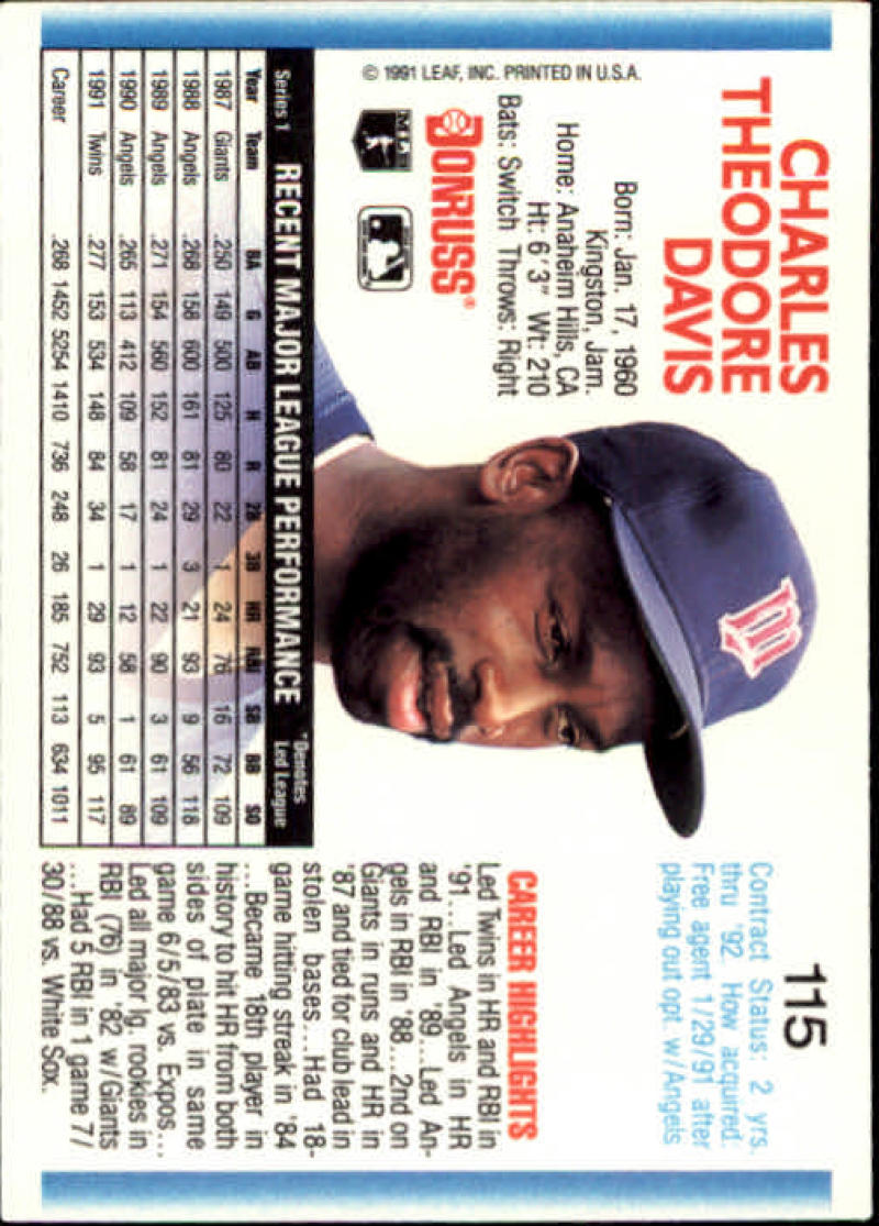 Minnesota Twins Baseball Card of Chili Davis in a dark blue cap, 1992 Donruss