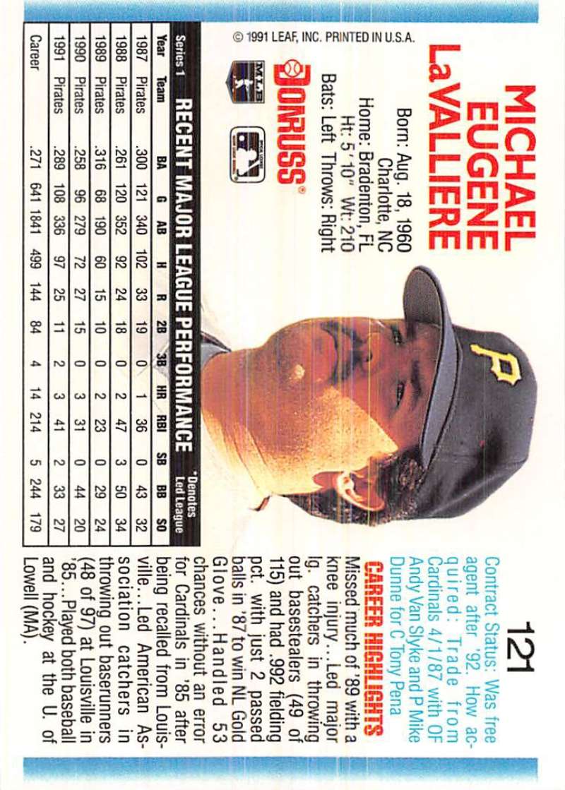 1991 Pittsburgh Pirates Baseball Card featuring Mike LaValliere in black cap with P logo