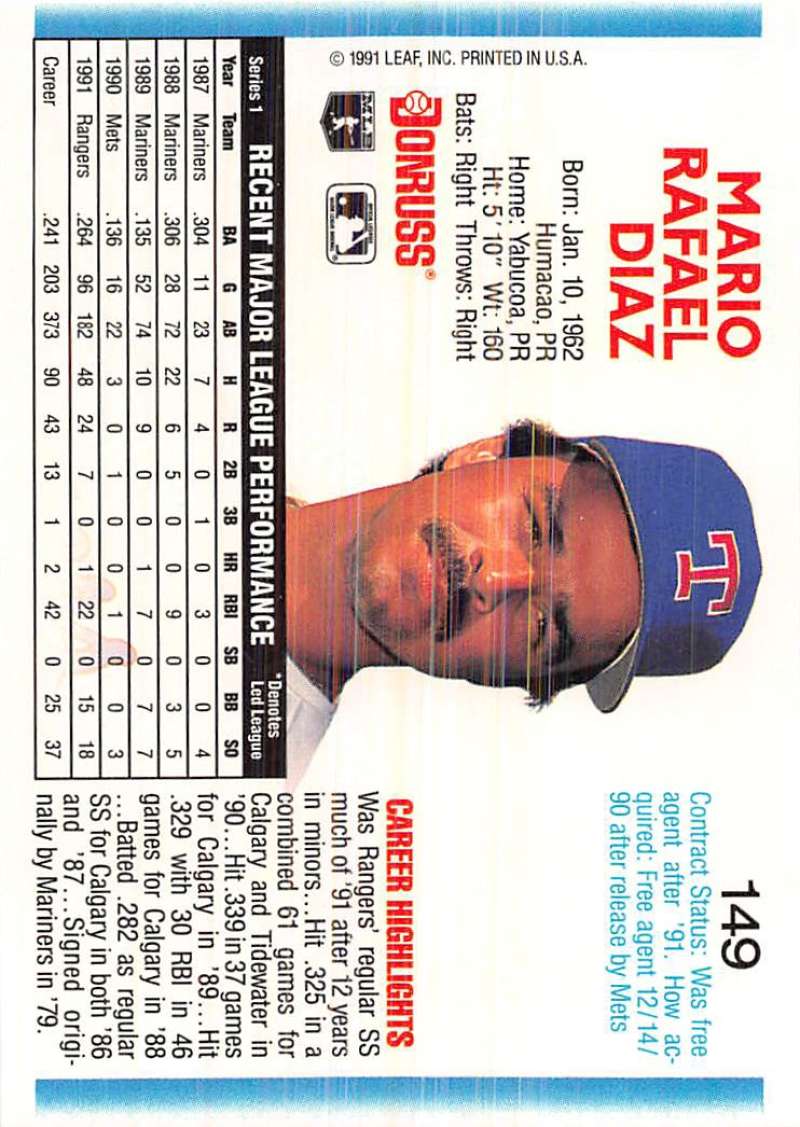 Baseball card of Mario Diaz featuring Texas Rangers player in blue cap with T logo