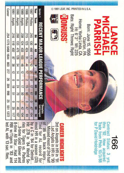 Baseball card of Lance Parrish in red uniform for California Angels 1992 Donruss collection