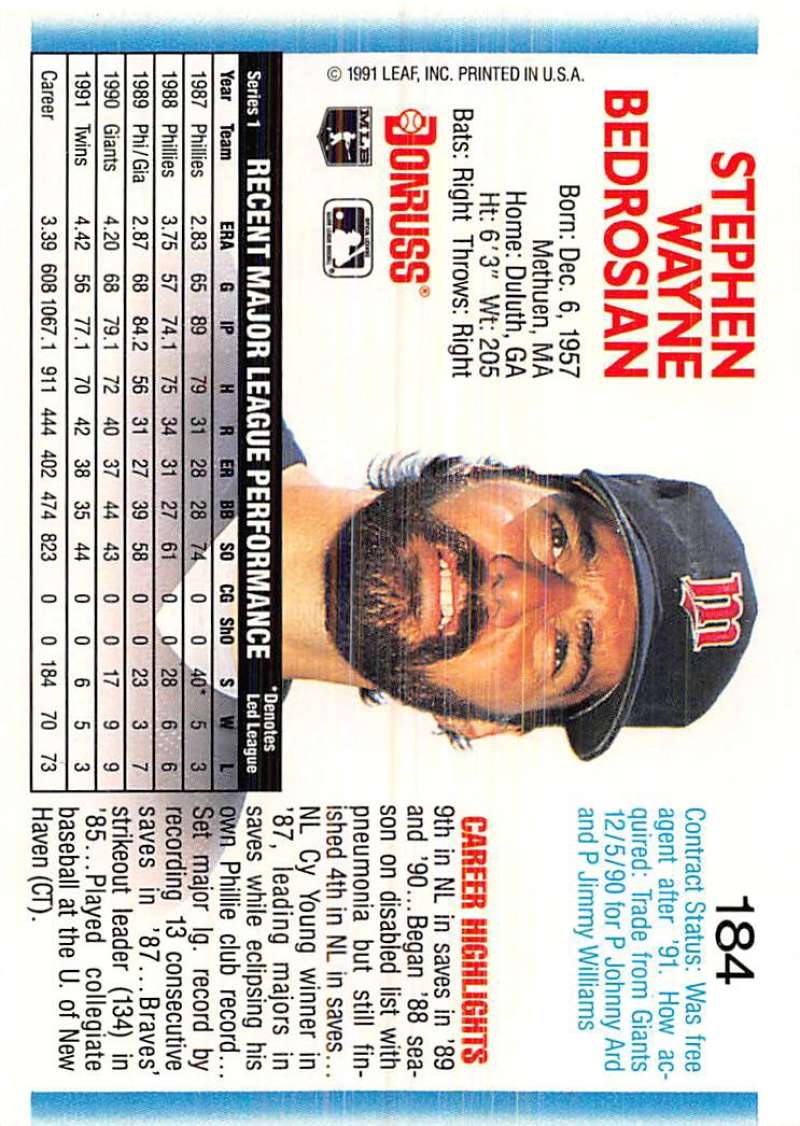 Steve Bedrosian Minnesota Twins baseball card from 1992 Donruss #184 in NM-MT condition