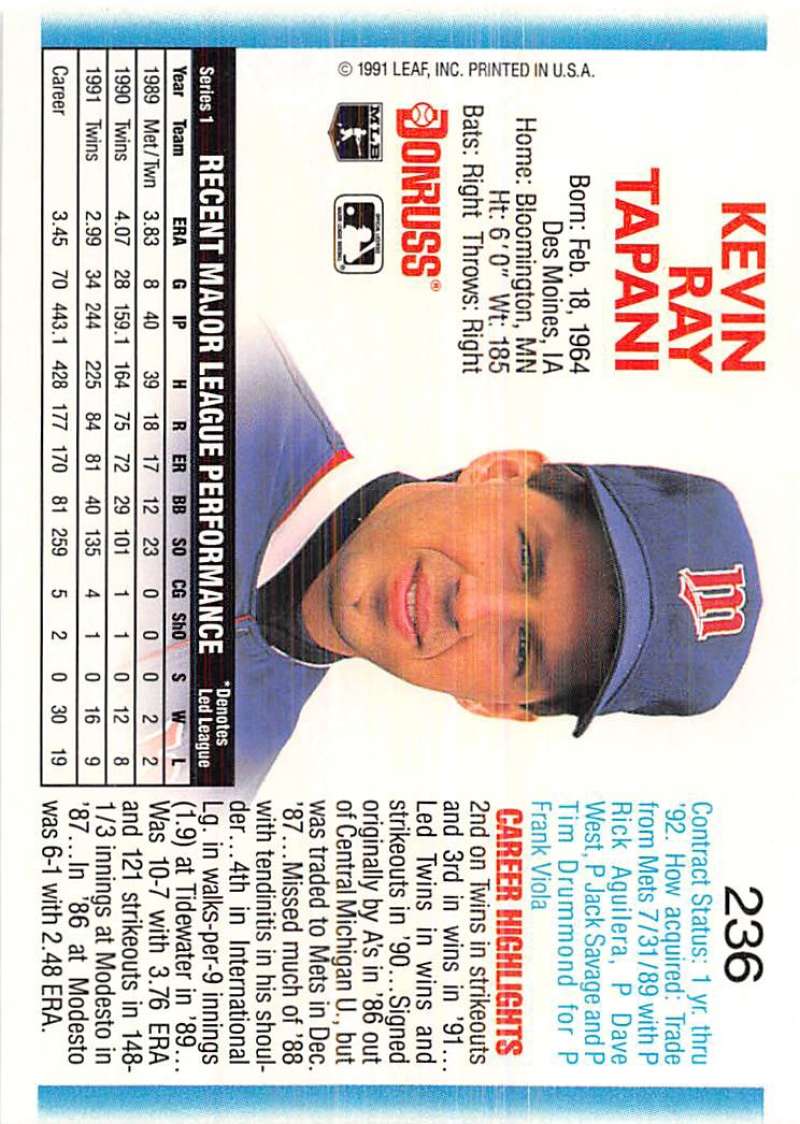 1992 Donruss Kevin Tapani Baseball Card featuring Minnesota Twins player in blue cap