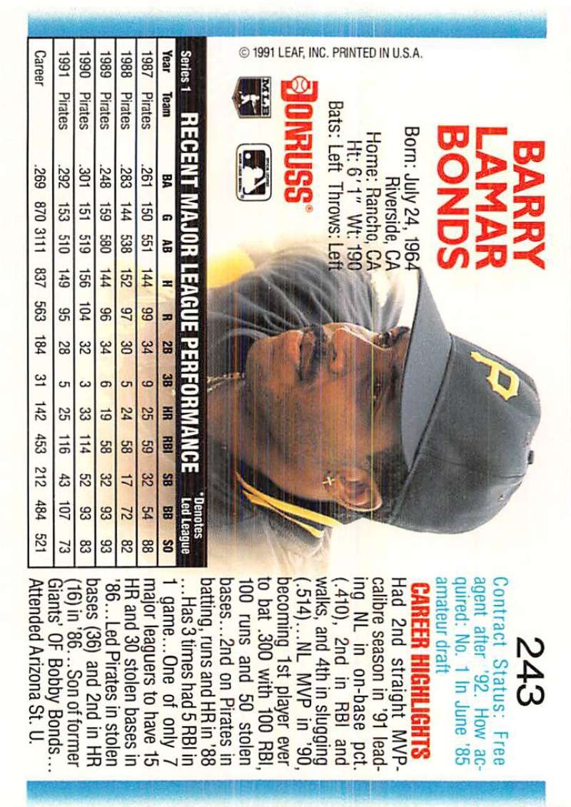 Baseball card of Barry Bonds in a black cap with Pittsburgh Pirates logo