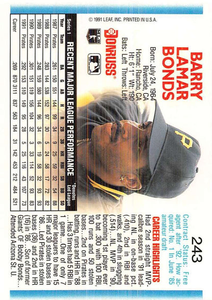 Baseball card of Barry Bonds in a black cap with Pittsburgh Pirates logo