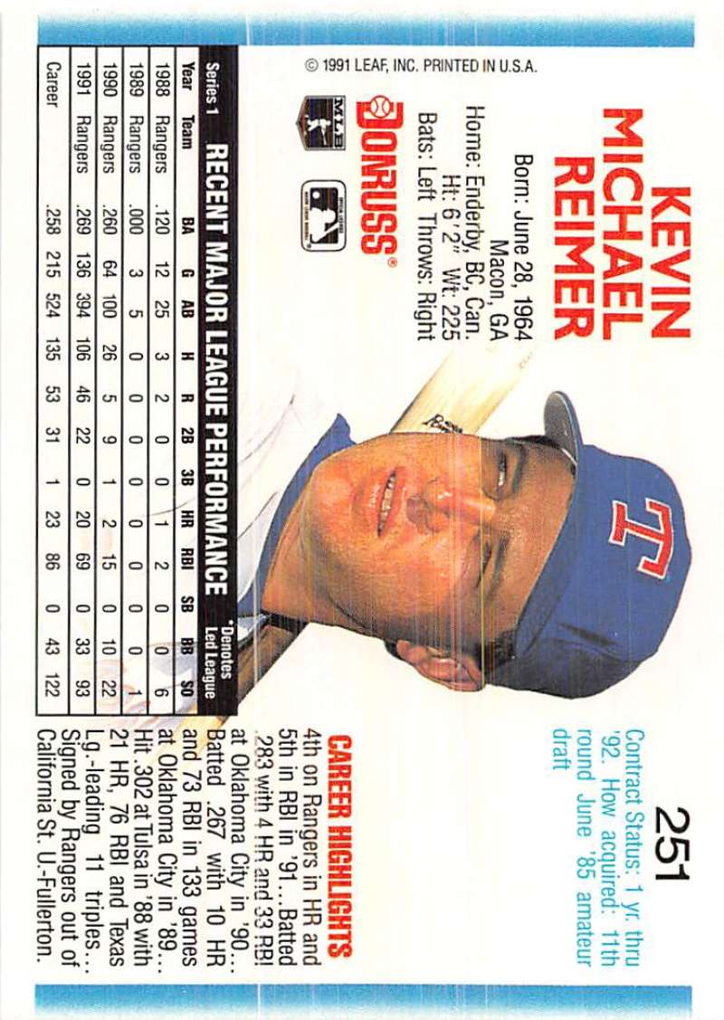 Baseball card of Kevin Reimer in blue cap for Texas Rangers 1992 Donruss #251