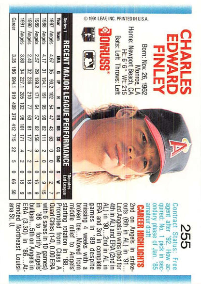 Chuck Finley California Angels Baseball Card in red cap from 1992 Donruss #255