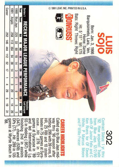 Baseball card of Luis Sojo in navy cap for California Angels 1992 Donruss #302