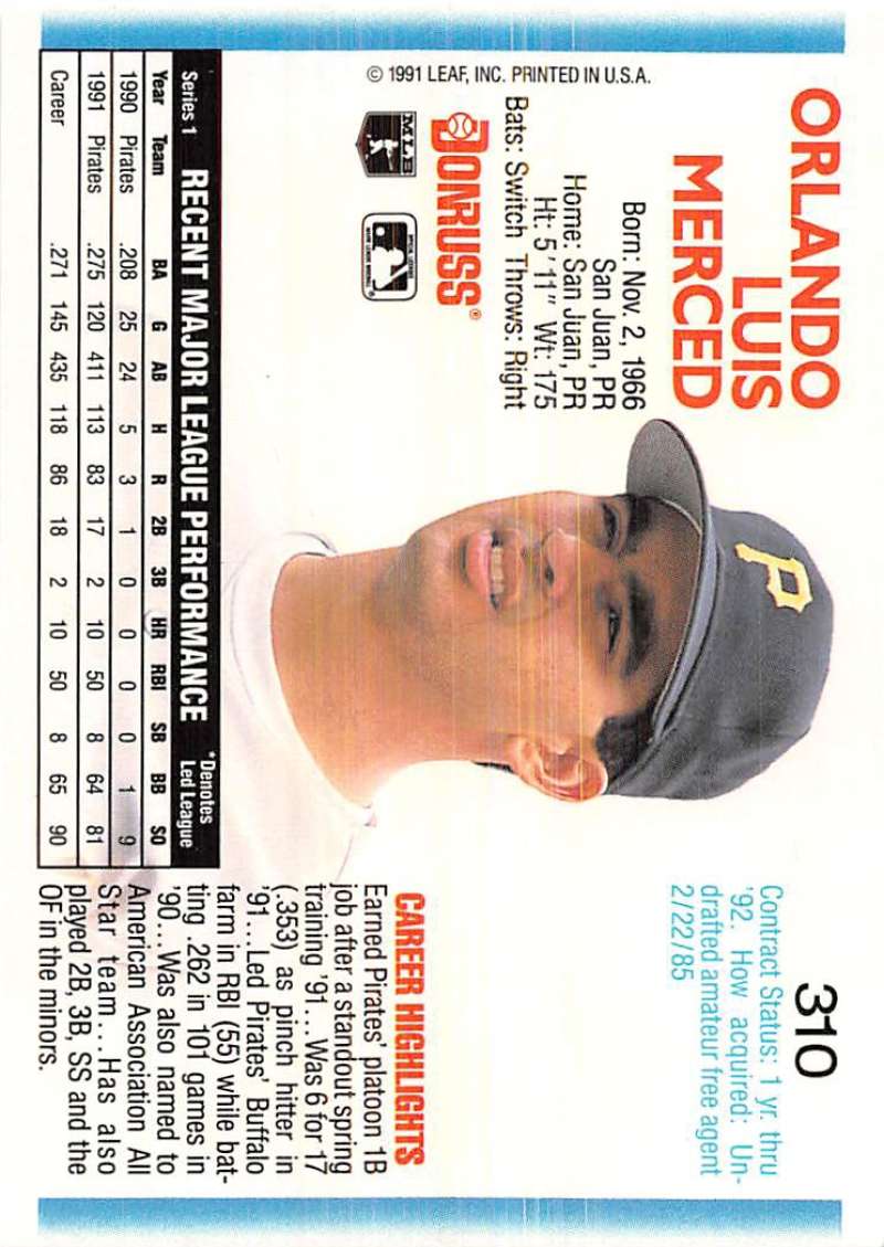 Baseball trading card of Orlando Merced from the Pittsburgh Pirates featuring black cap