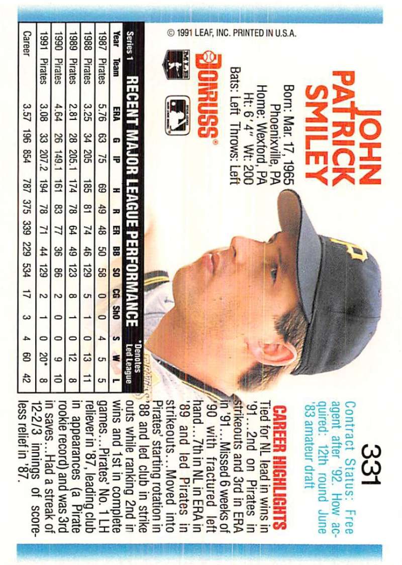 1991 Baseball card of John Smiley from the Pittsburgh Pirates, Donruss #331