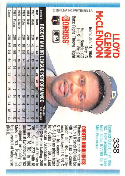 1991 Leaf Baseball Trading Card of Lloyd McClendon, Pittsburgh Pirates player