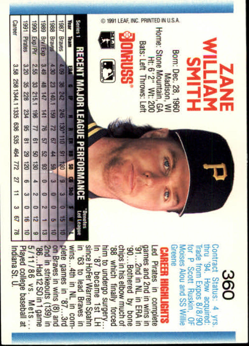 1992 Donruss #360 Zane Smith Pittsburgh Pirates baseball card in NM-MT condition