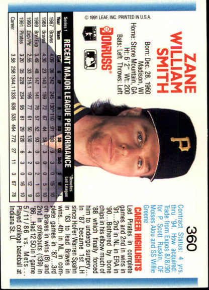 1992 Donruss #360 Zane Smith Pittsburgh Pirates baseball card in NM-MT condition