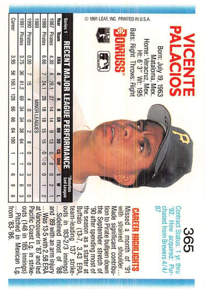 1992 Donruss Vicente Palacios Pittsburgh Pirates Baseball Card with black cap