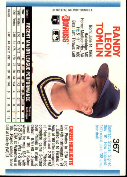 Baseball card of Randy Tomlin in profile view, representing Pittsburgh Pirates